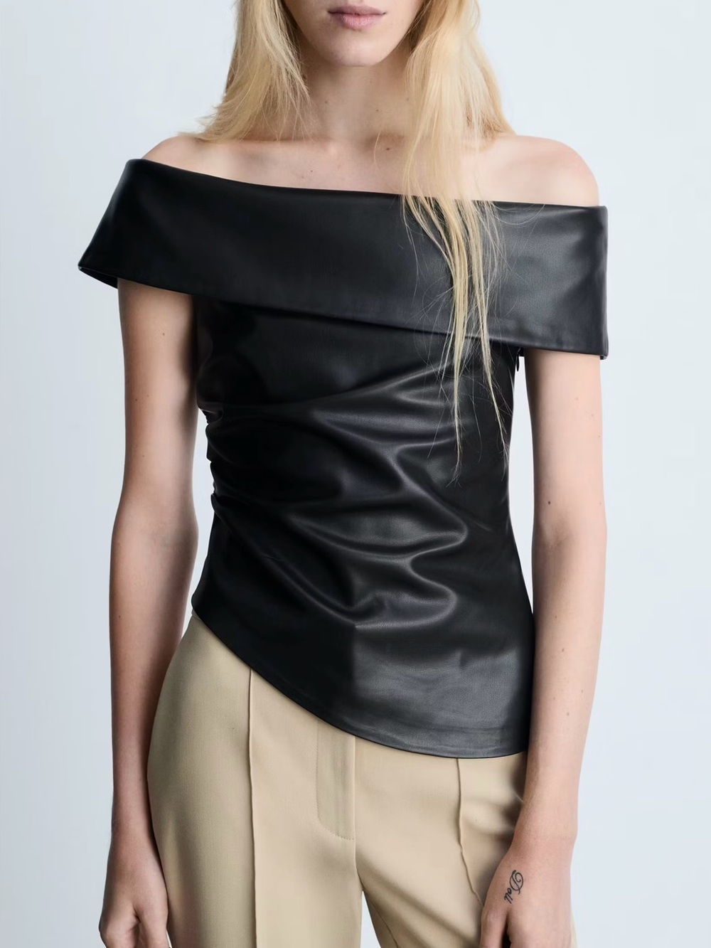 Mango Black Faux Leather Off The Shoulder Top Asymmetrical Folded Neck Size L